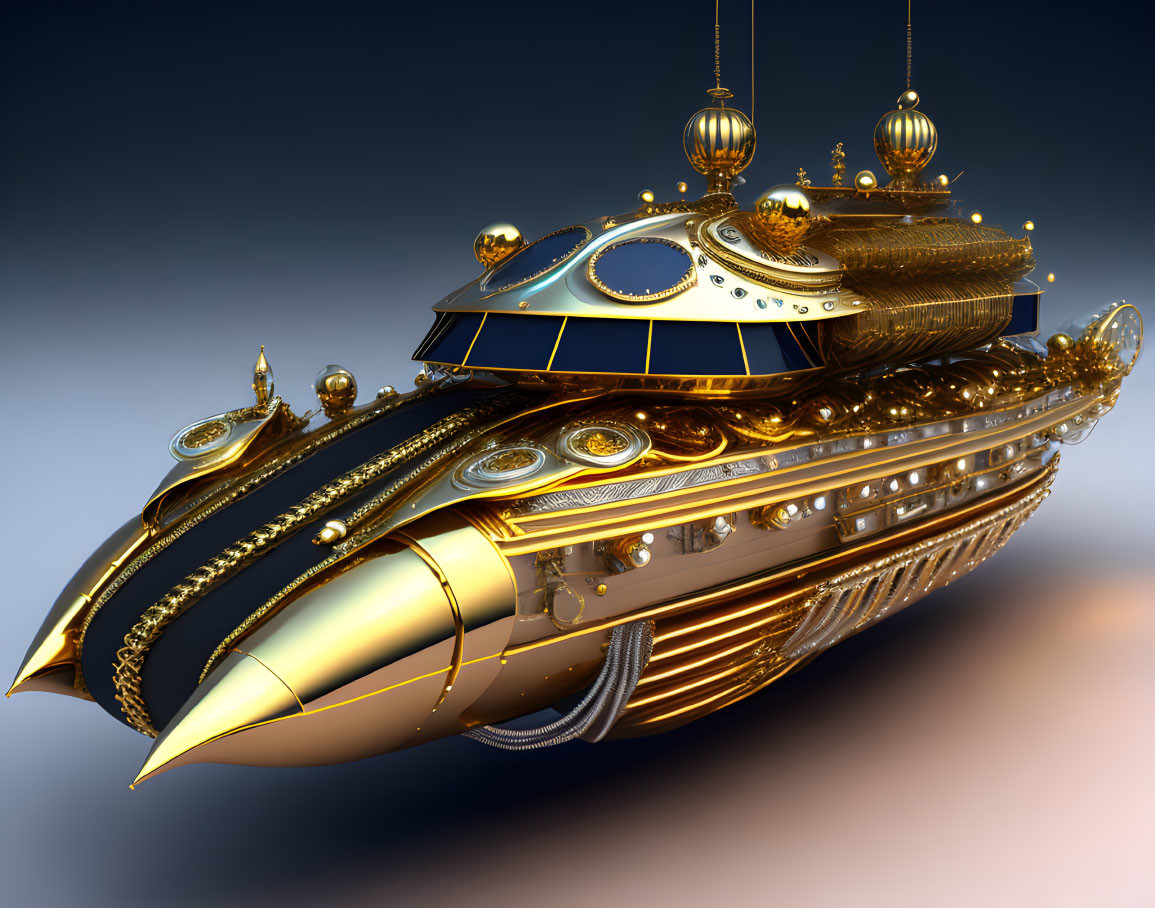 Golden ornate airship with domes and portholes in soft-focus background