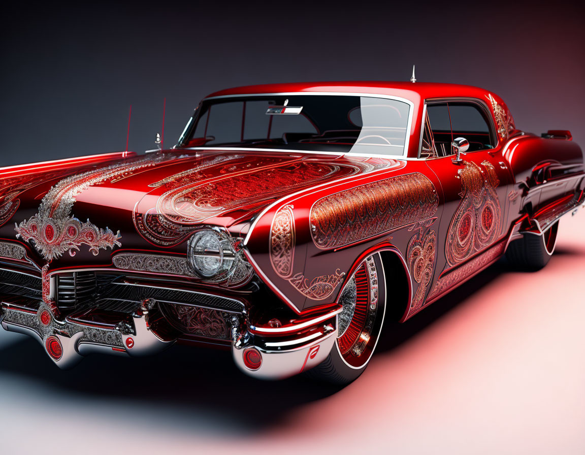 Detailed Red and Black Vintage Car with Custom Paintwork on Gradient Background