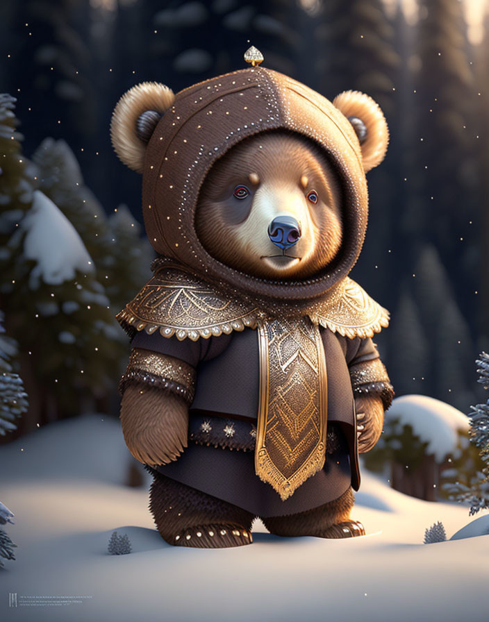 Illustration of a medieval-style bear in snowy forest