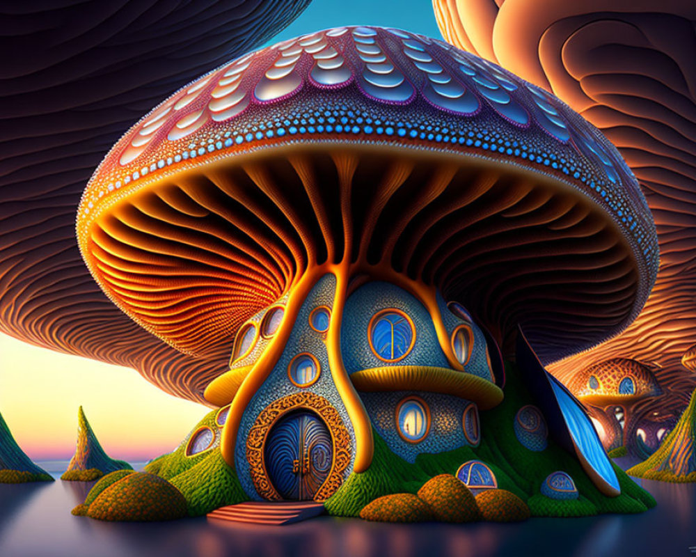 Colorful digital artwork: Oversized mushroom in surreal landscape