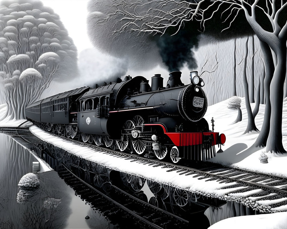 Vintage steam locomotive pulls passenger cars on snow-covered tracks in winter landscape with bare trees & monoch
