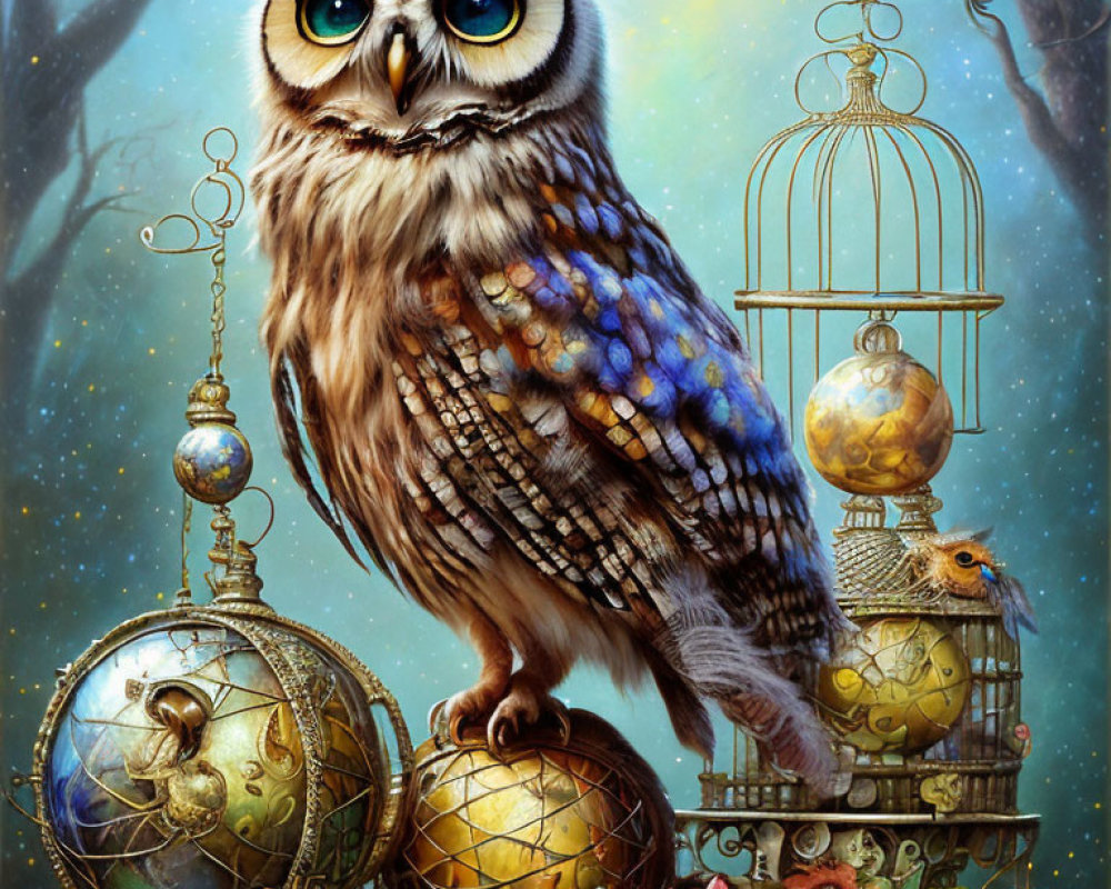 Owl perched on celestial globes and clocks with bird in cage, starry twilight backdrop