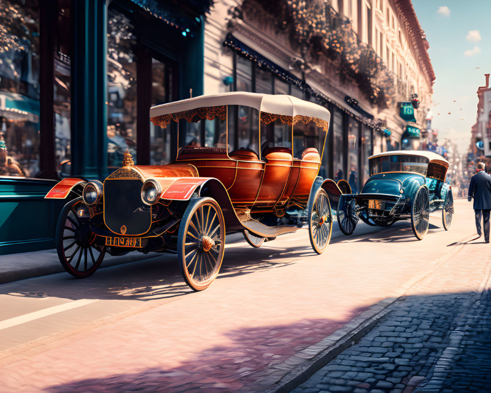 Vintage Cars on Sunny City Street with Cobblestones and Modern Buildings