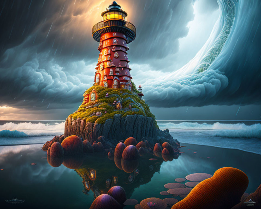 Fantasy lighthouse on rocky isle with star-shaped windows under stormy sky