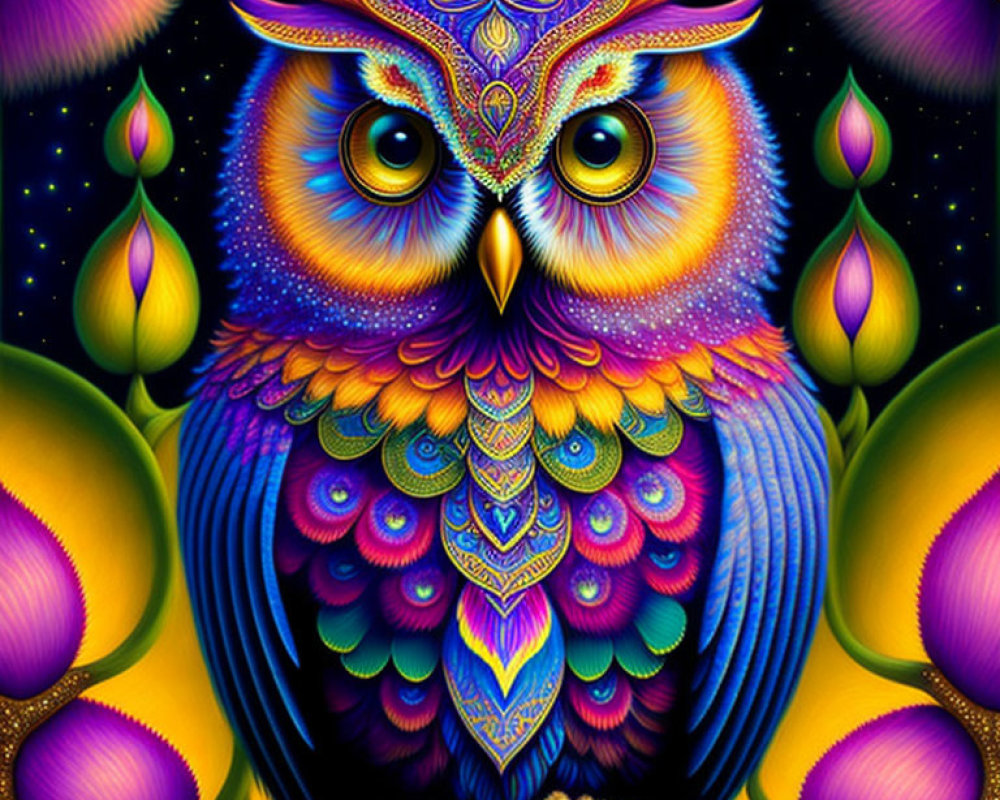 Colorful Psychedelic Owl Illustration with Vibrant Patterns and Feathers