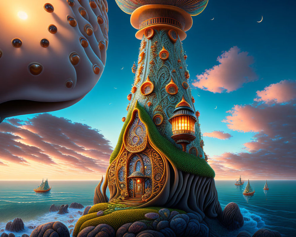 Surreal floating islands with ornate building and sailing ships
