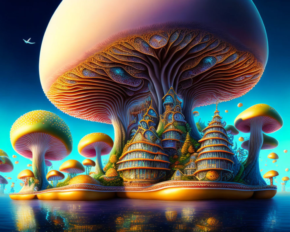 Fantasy landscape with colossal mushroom-like structures at twilight
