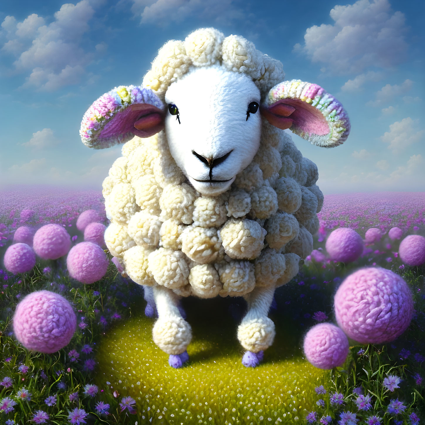 Fluffy sheep with pastel ears in vibrant meadow full of pink flowers
