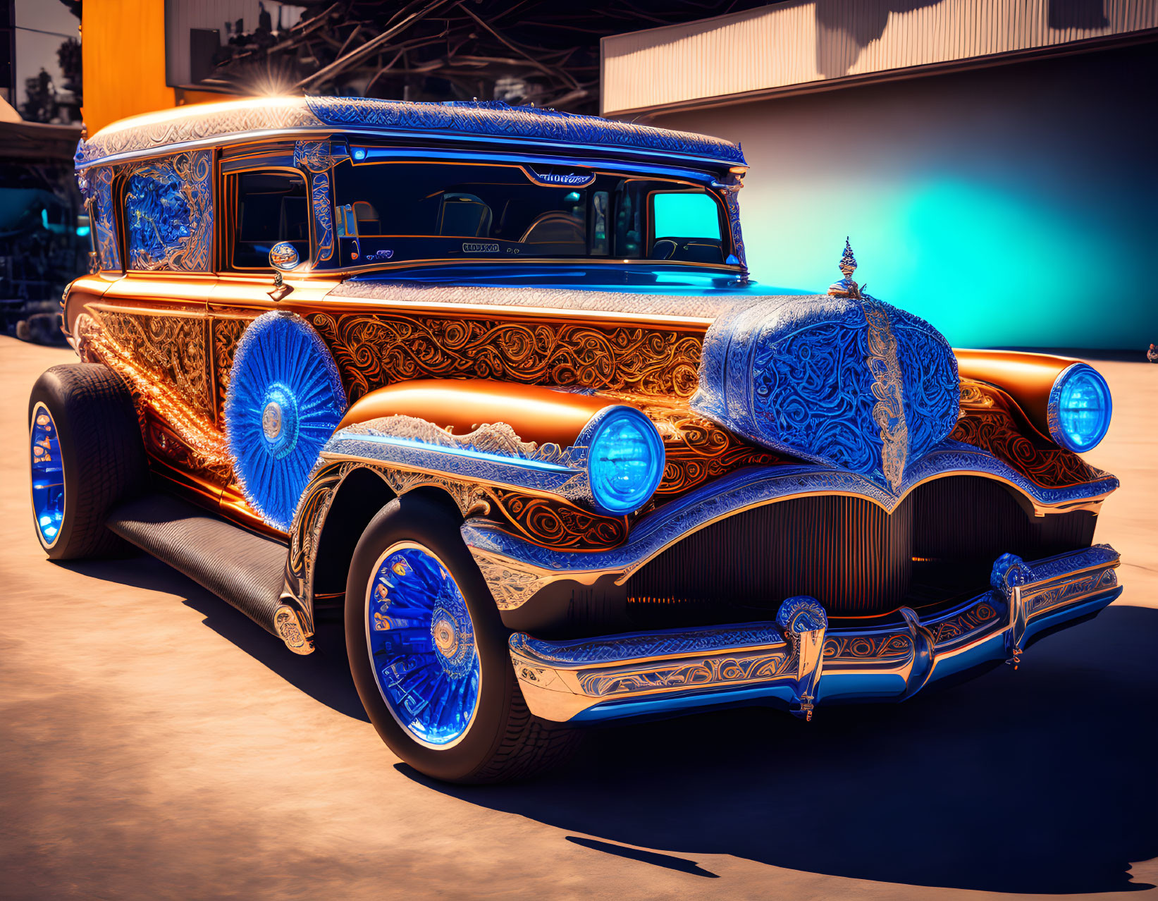 Classic Vintage Car with Blue and Gold Intricate Designs in Warm Light