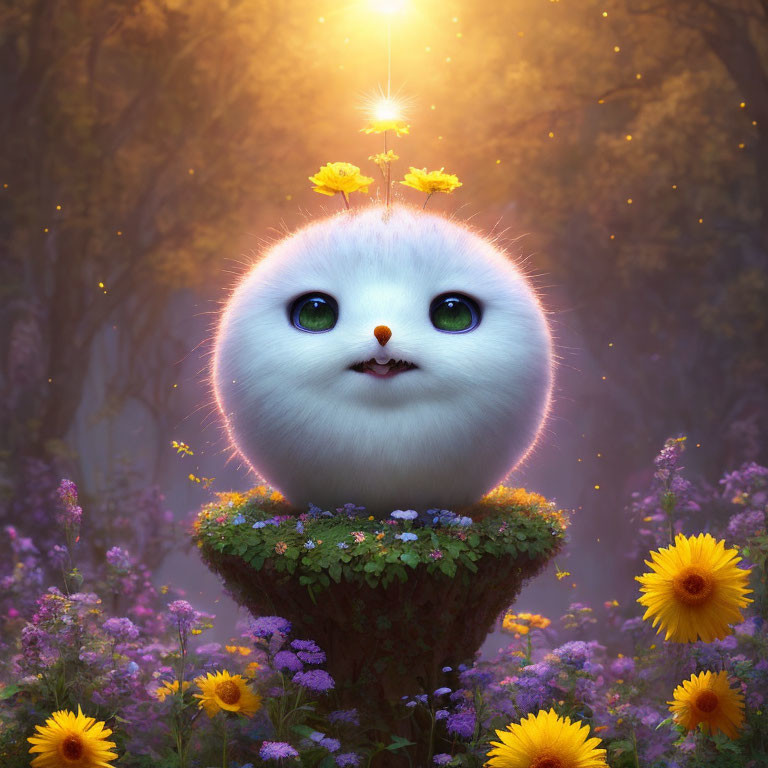 Round white cat with big eyes on grassy platform with flowers and glowing butterfly