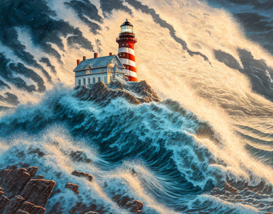 Striped red and white lighthouse in stormy ocean scene