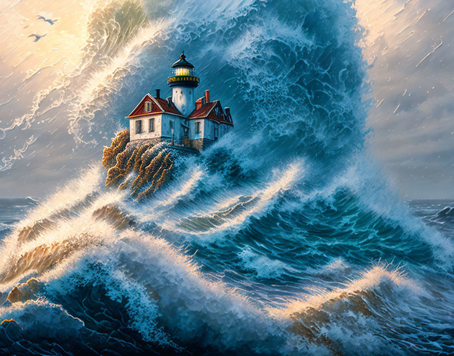 Stormy seascape with lighthouse, towering wave, and soaring bird