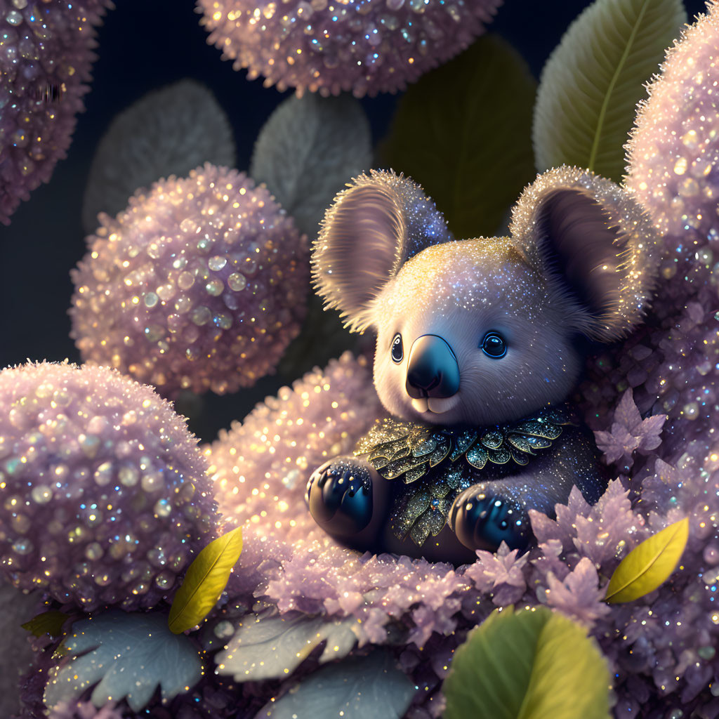 Whimsical koala surrounded by purple flowers and green leaves