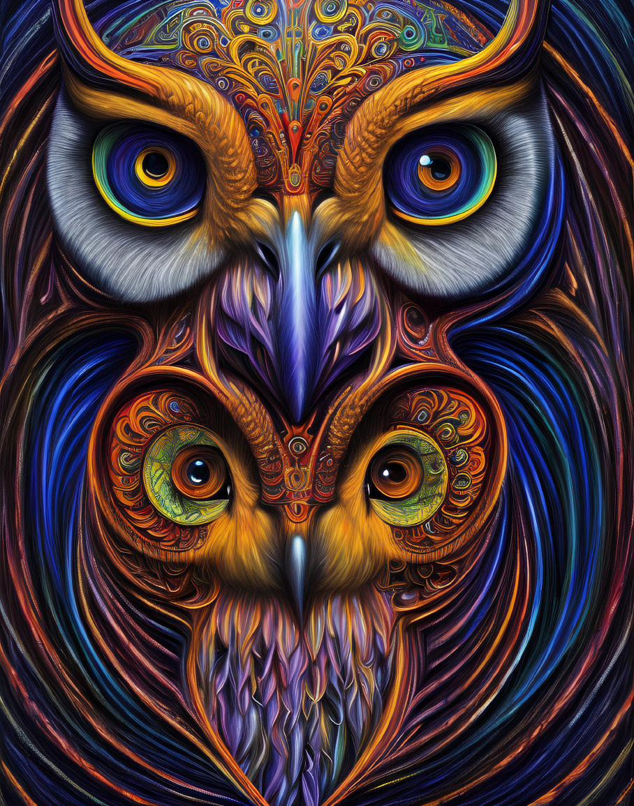 Colorful Owl Artwork with Intricate Patterns and Blue Eyes