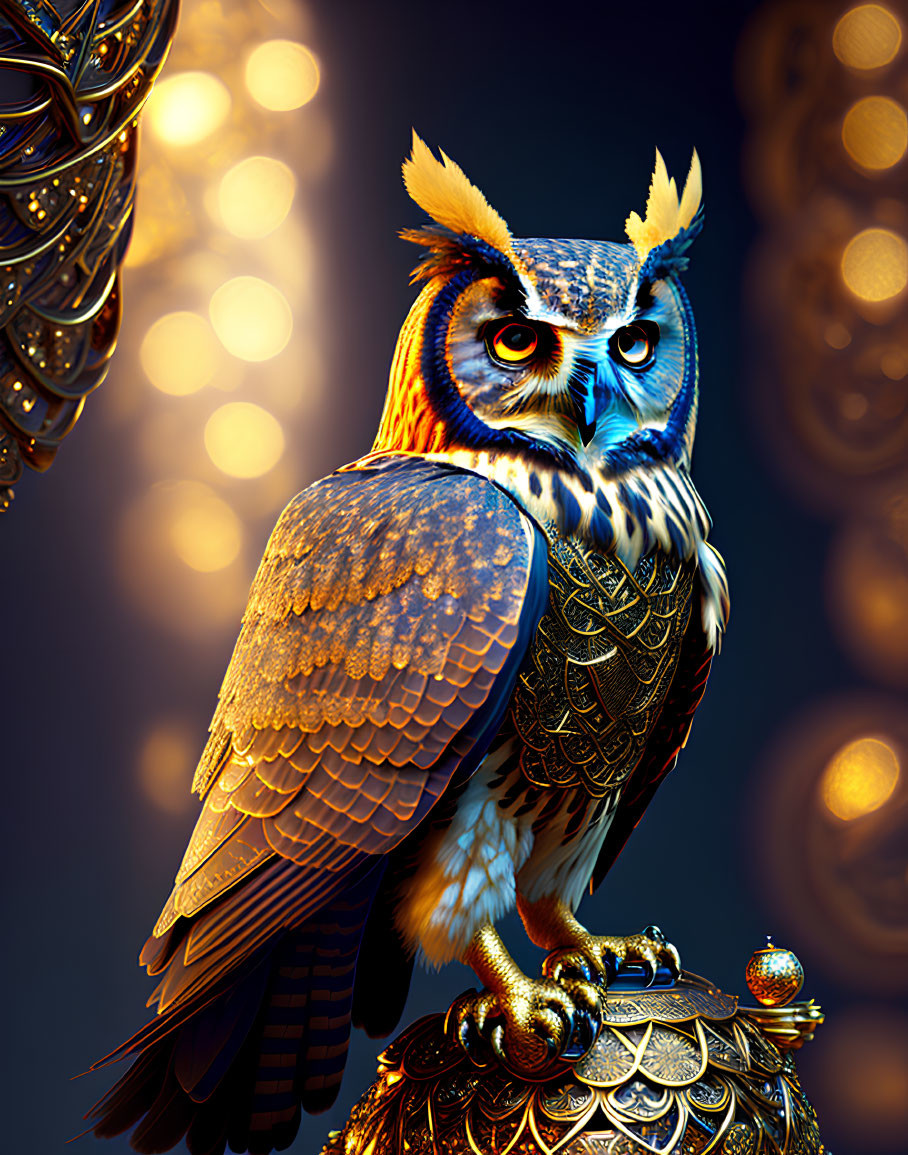 Stylized owl digital artwork with golden armor on ornate sphere