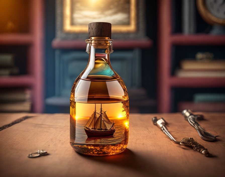 Ship-in-a-bottle liquor display on wooden table with corkscrew and vintage clock in background