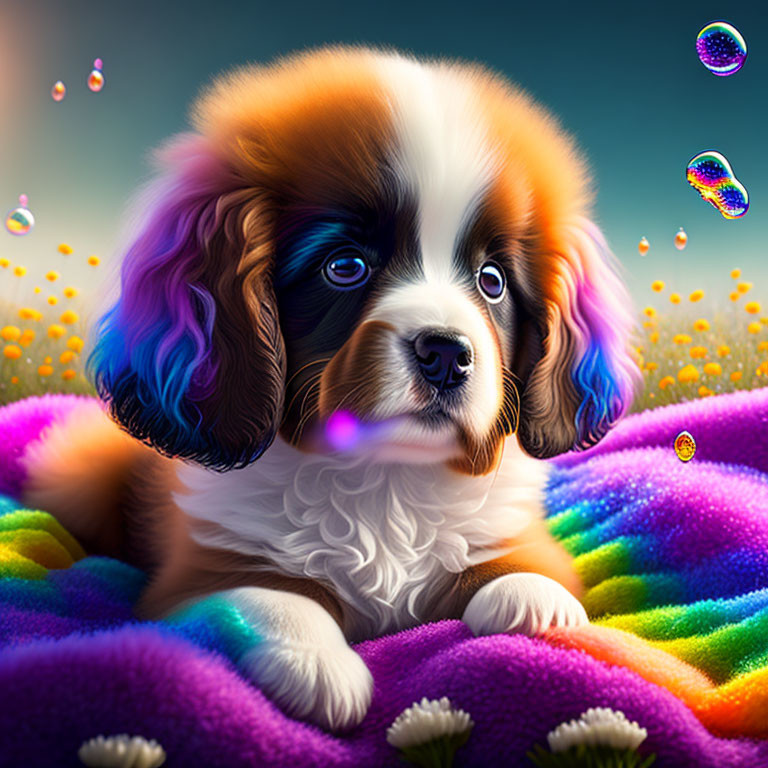 Vibrant artwork: fluffy puppy with expressive eyes on rainbow blanket