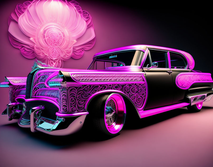 Vintage car with pink neon patterns and glowing wheels on a dark body, set against floral backdrop