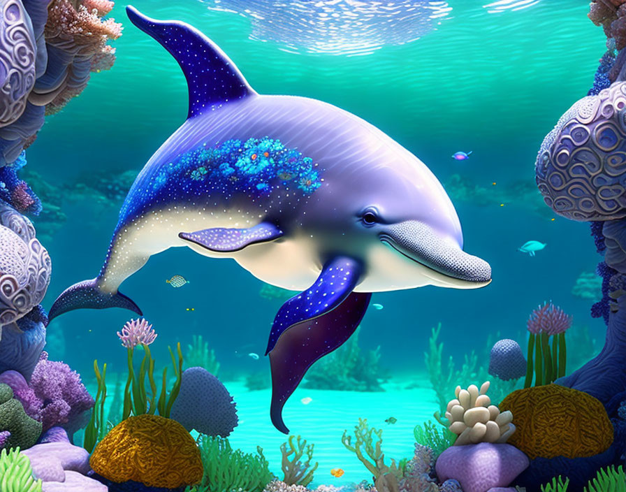Colorful Dolphin Illustration Swimming in Cosmic Underwater Scene