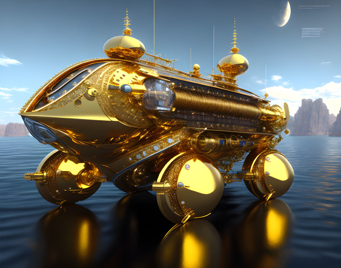 Futuristic gold and chrome airship over calm ocean and towering cliffs