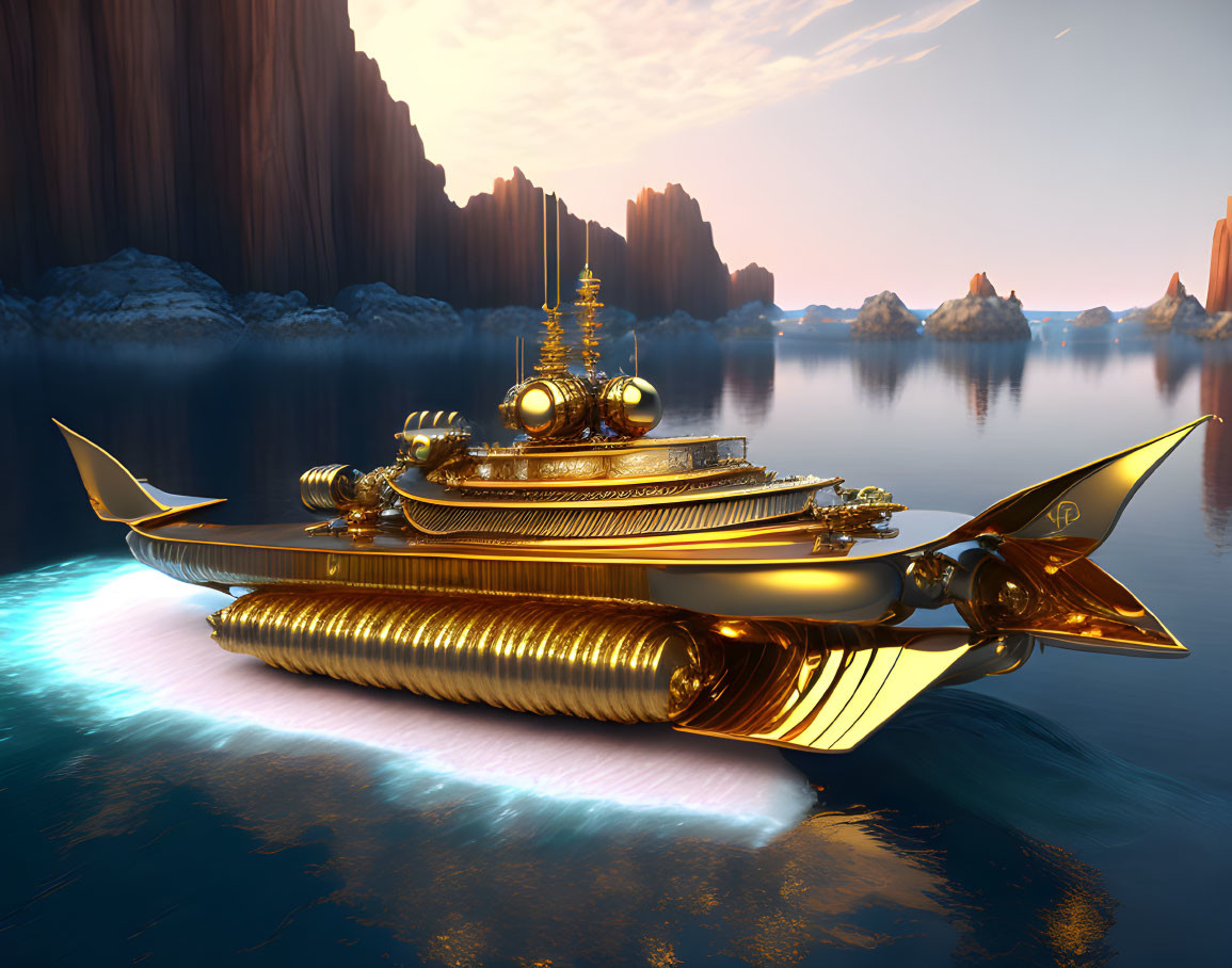 Golden fantasy airship sails over water at sunset with rocky cliffs