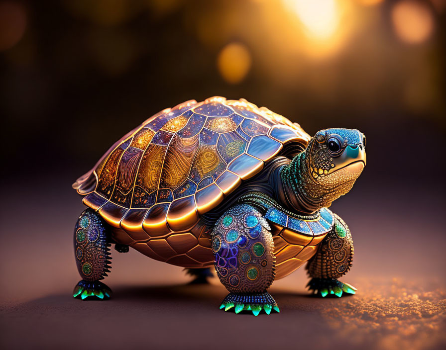 Digitally Enhanced Turtle with Stained Glass Shell in Blue and Gold Hues