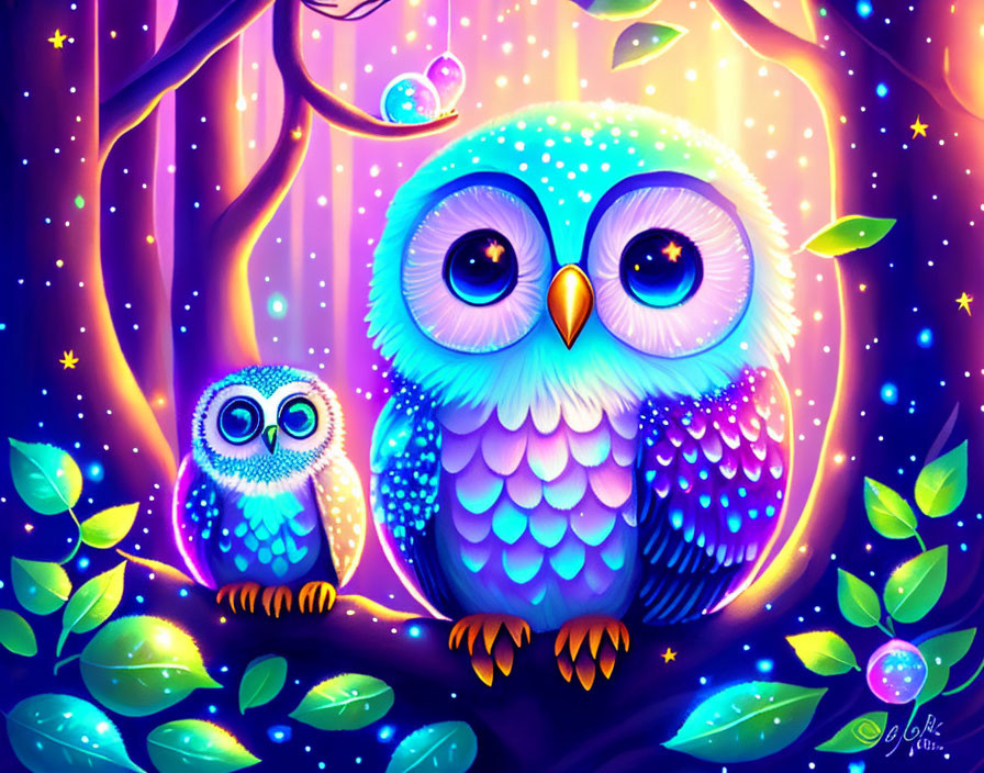 Colorful Digital Illustration: Stylized Owls in Enchanted Forest