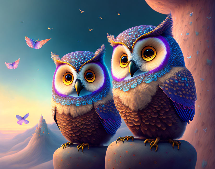 Colorful Stylized Owls and Butterflies in Twilight Castle Scene