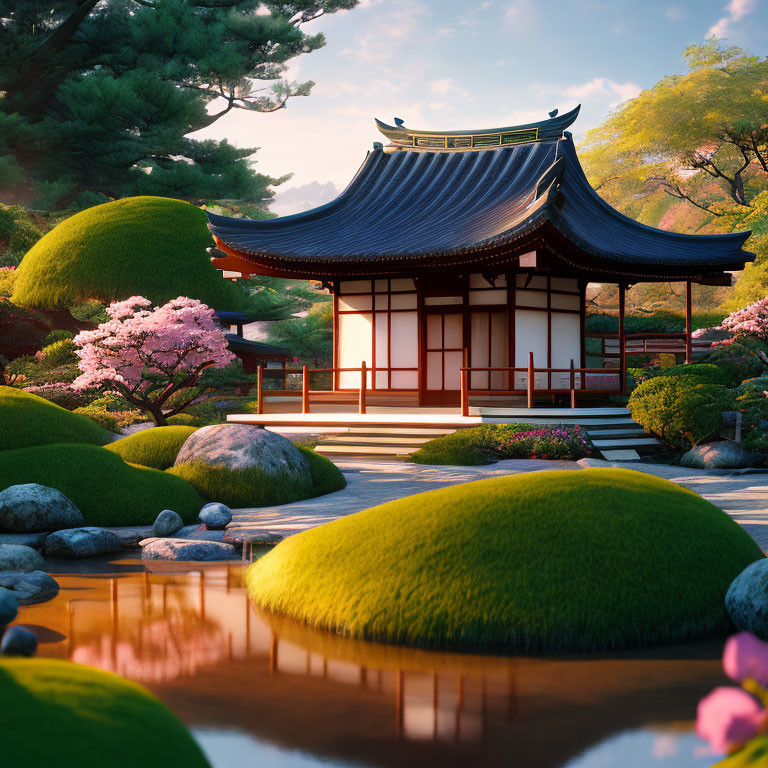 Tranquil Japanese garden with pond, cherry blossoms, and wooden pavilion