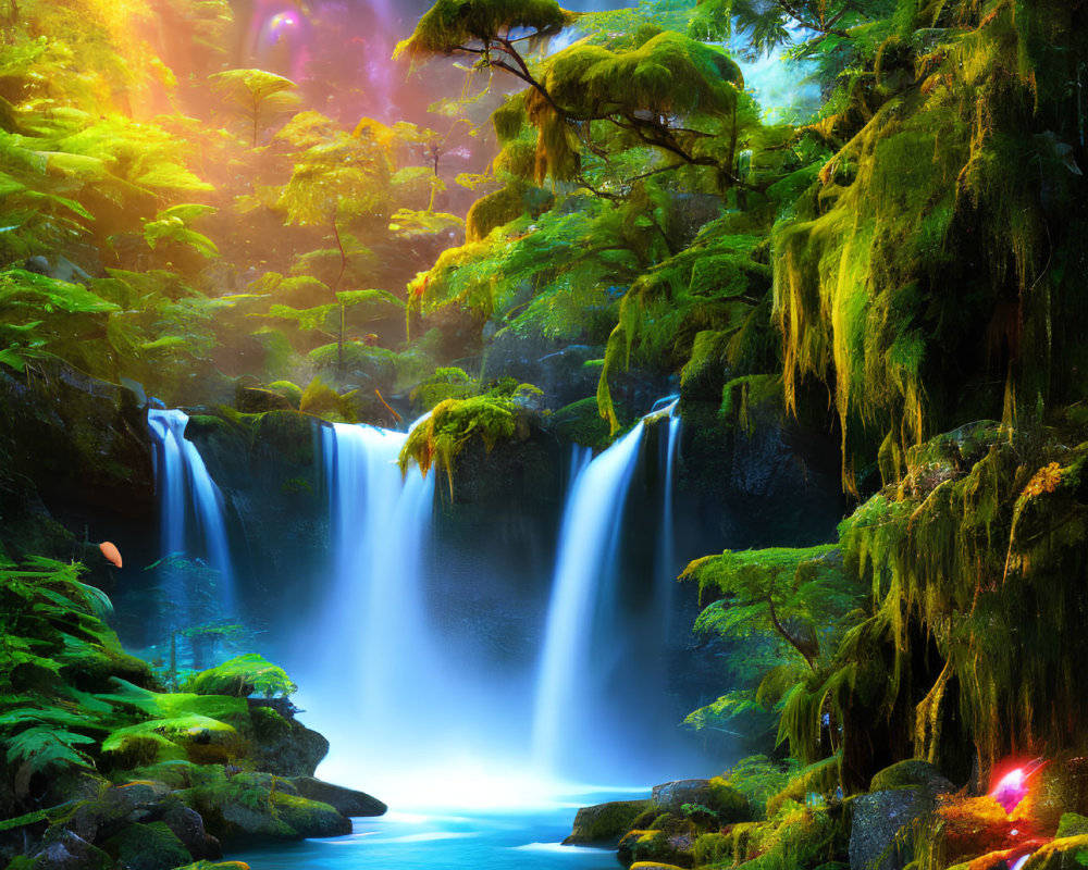 Lush Forest Scene with Waterfall and Sunbeams