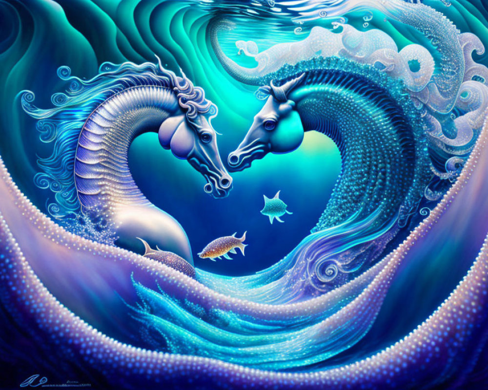 Vibrant underwater scene with stylized seahorses and fish
