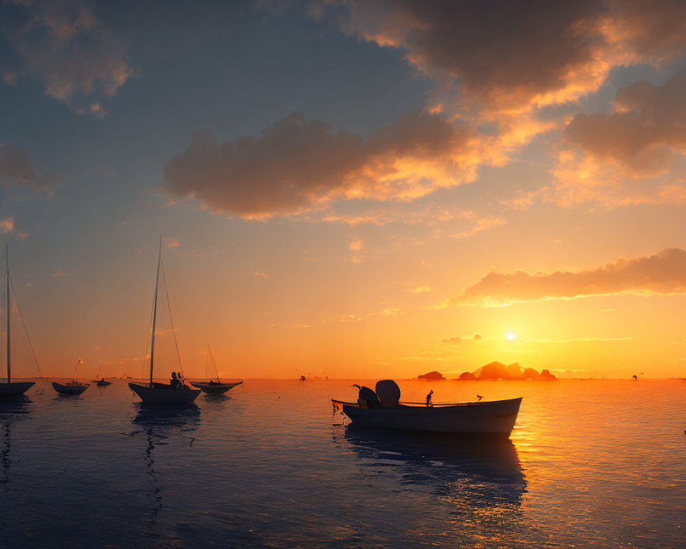 Tranquil sunset scene over calm waters with silhouetted boats and warm-hued sky