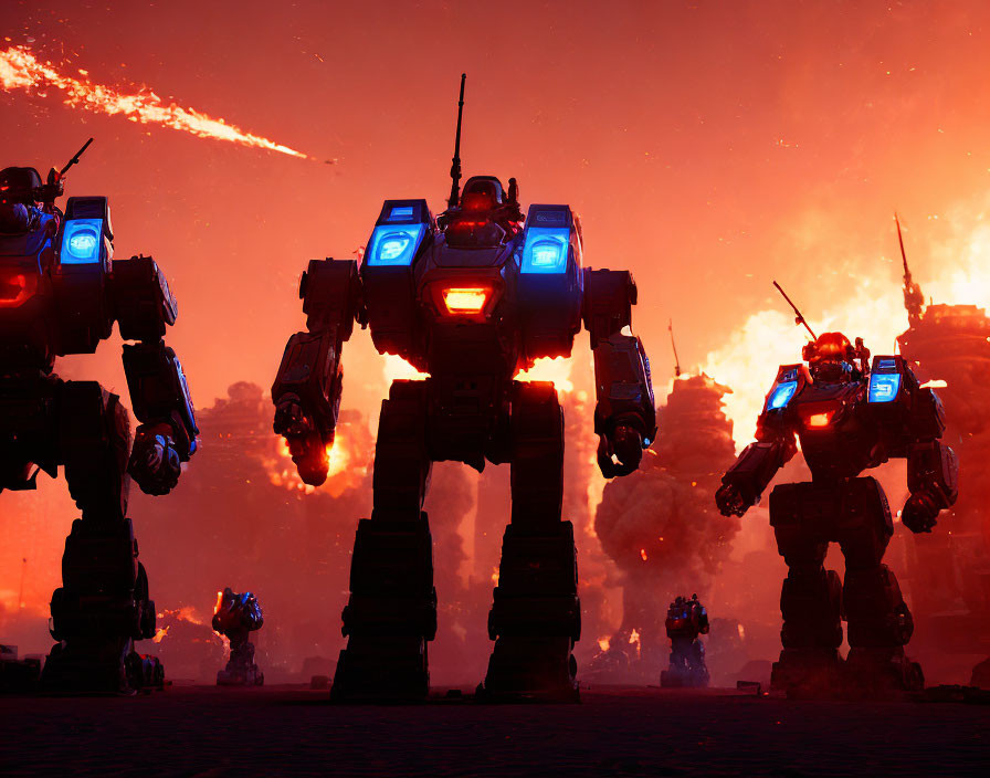 Glowing blue light robots on war-torn battlefield under red sky