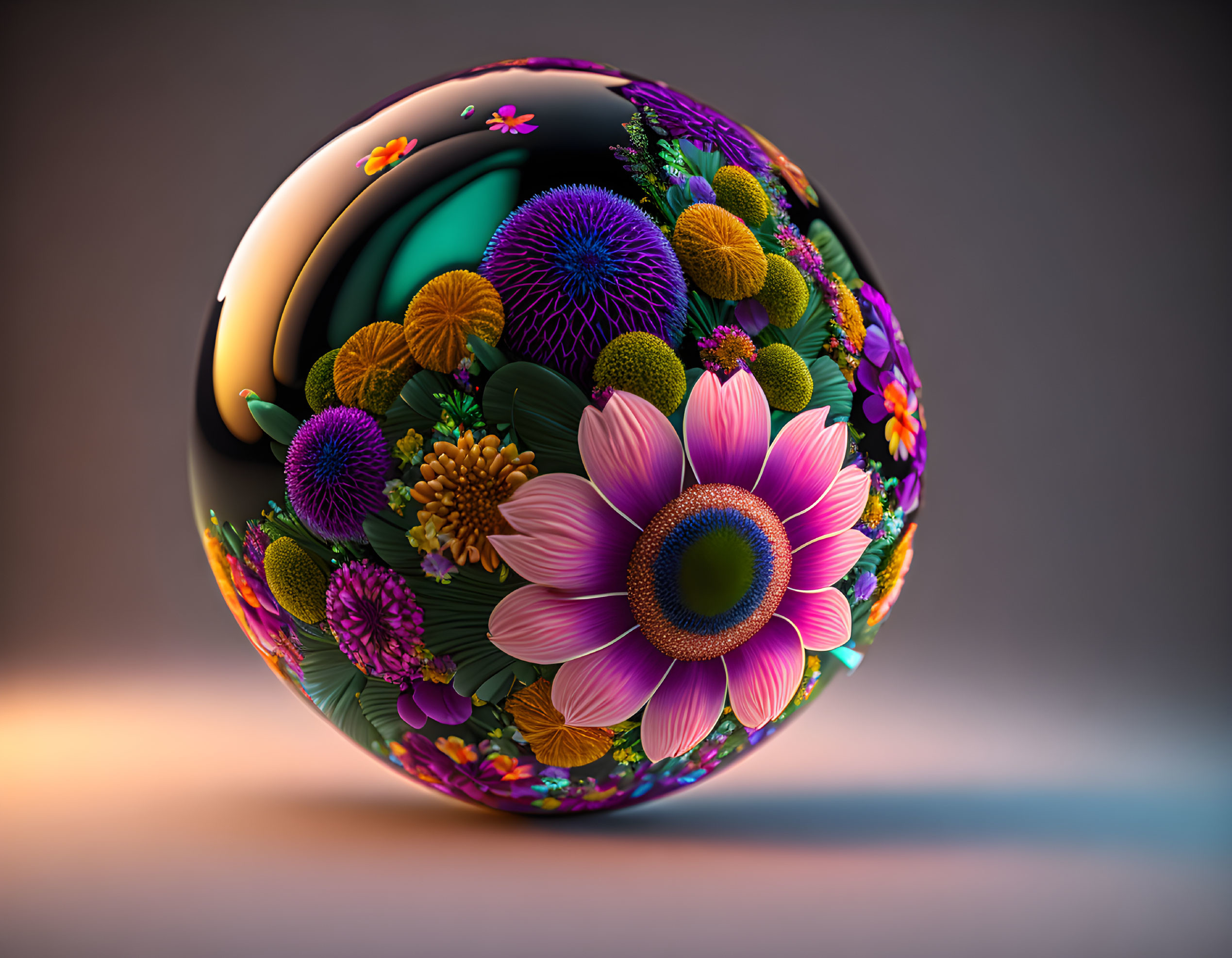 Colorful Floral Patterns on 3D Sphere with Blooming Flowers