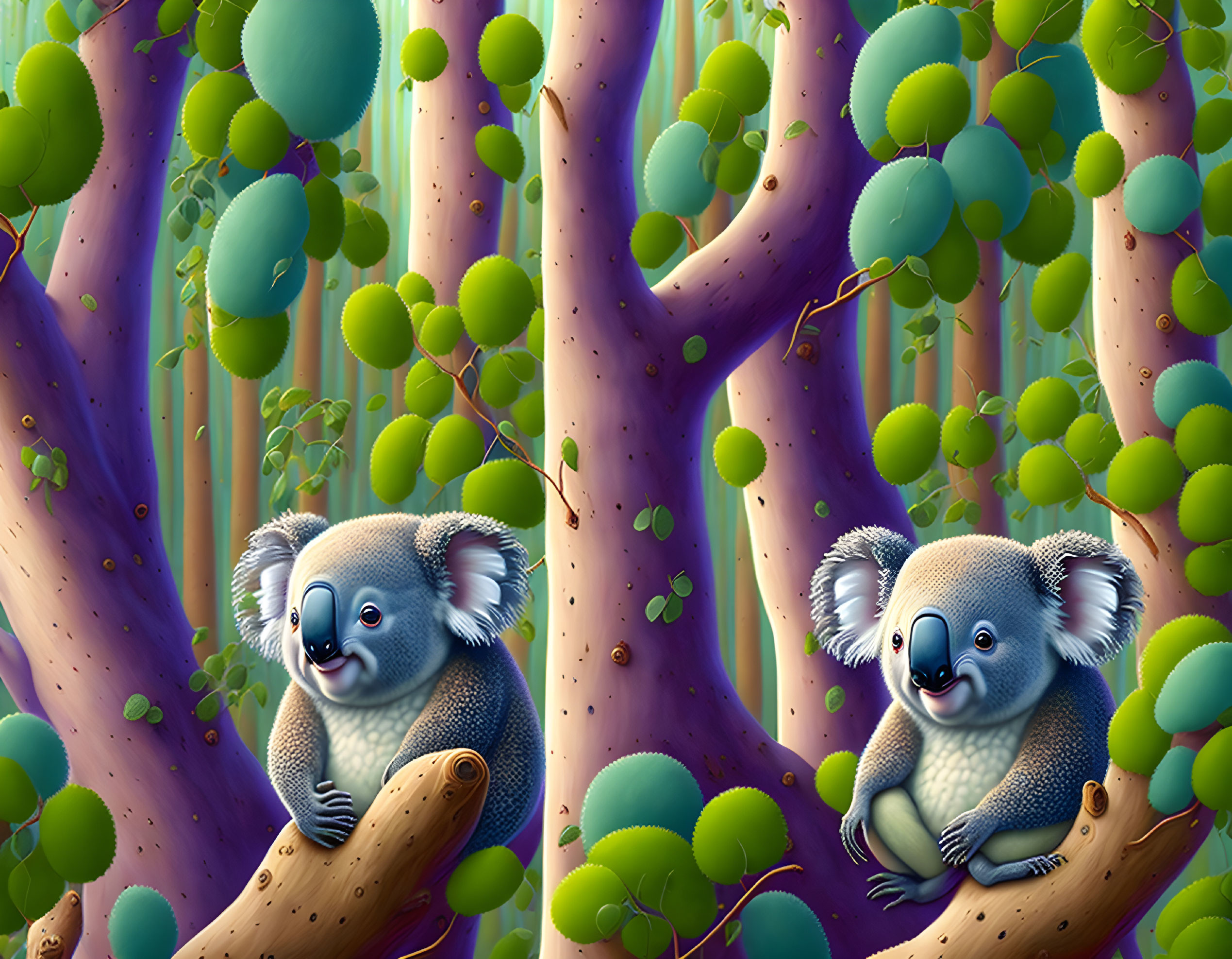 Colorful Digital Illustration: Koalas on Eucalyptus Branches in Lush