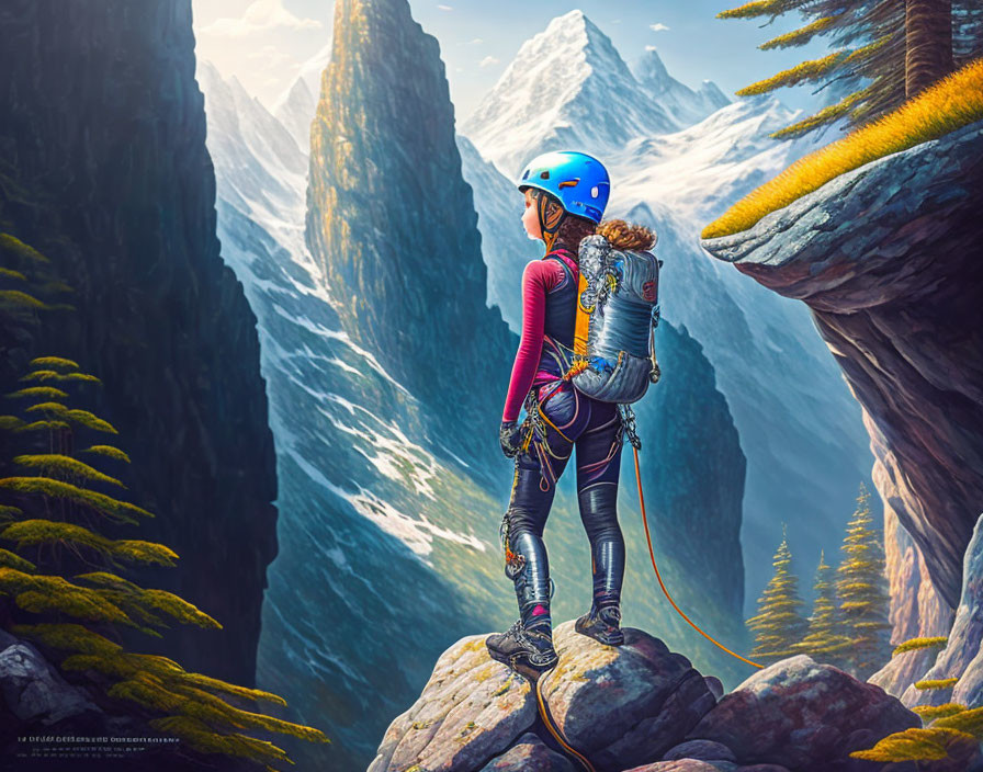 Climber in Blue Helmet Overlooking Majestic Mountain Landscape