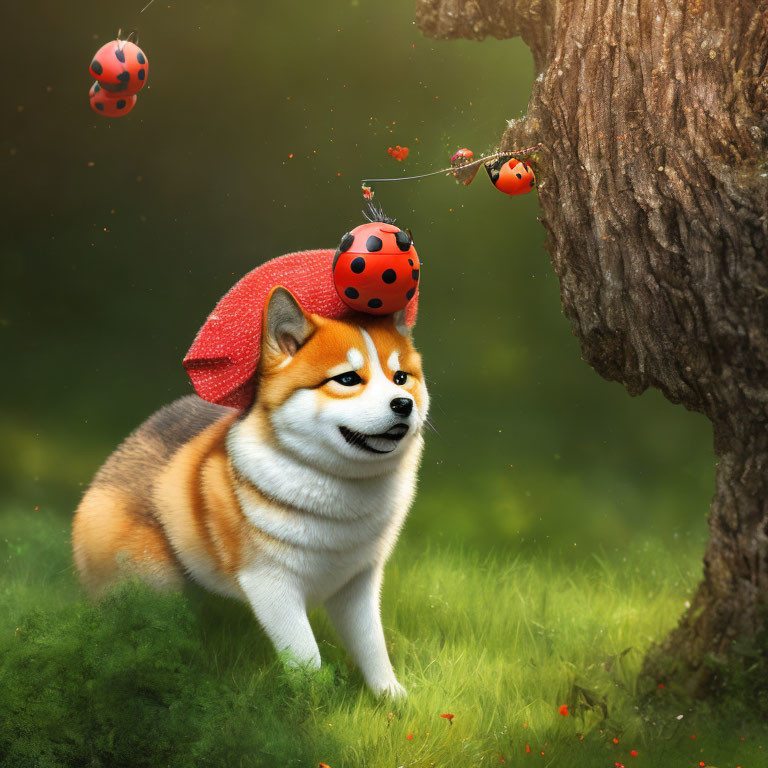 Shiba Inu dog with red mushroom cap and ladybugs in whimsical green scene
