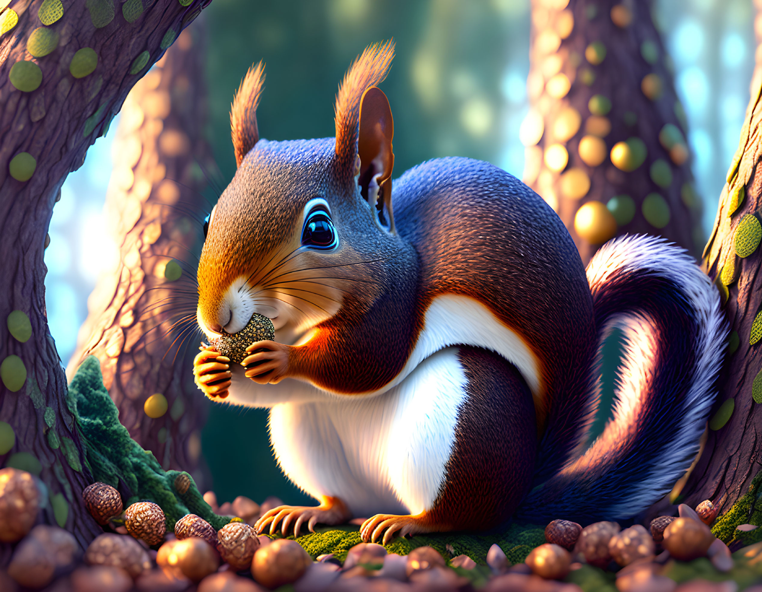 Detailed Illustration: Squirrel Eating Nut in Sunlit Forest