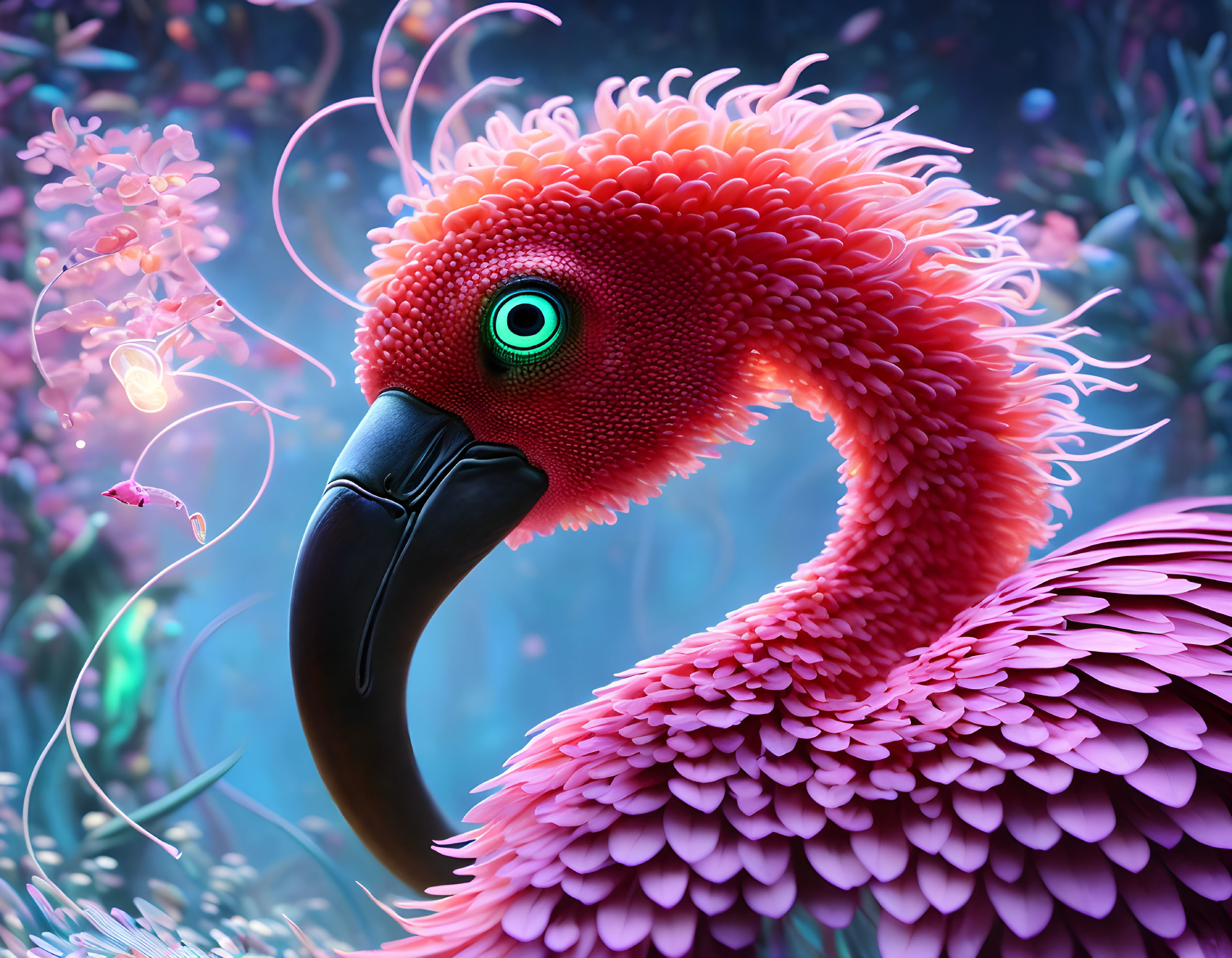 Colorful Digital Artwork: Flamingo with Red Plumage and Green Eye in Fantasy Flora