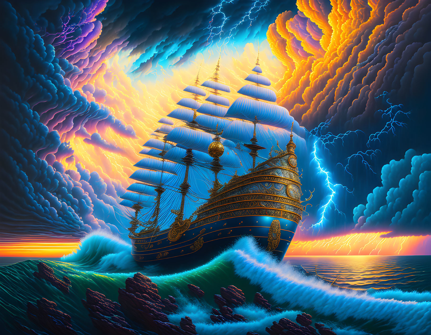 Surreal seascape with majestic sailing ship and vibrant sky