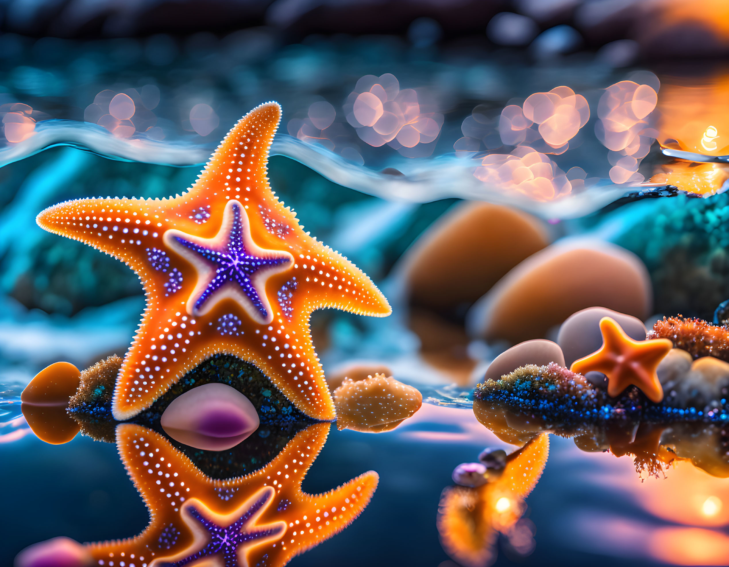 Colorful Starfish on Reflective Surface with Bokeh Lights and Smooth Pebbles