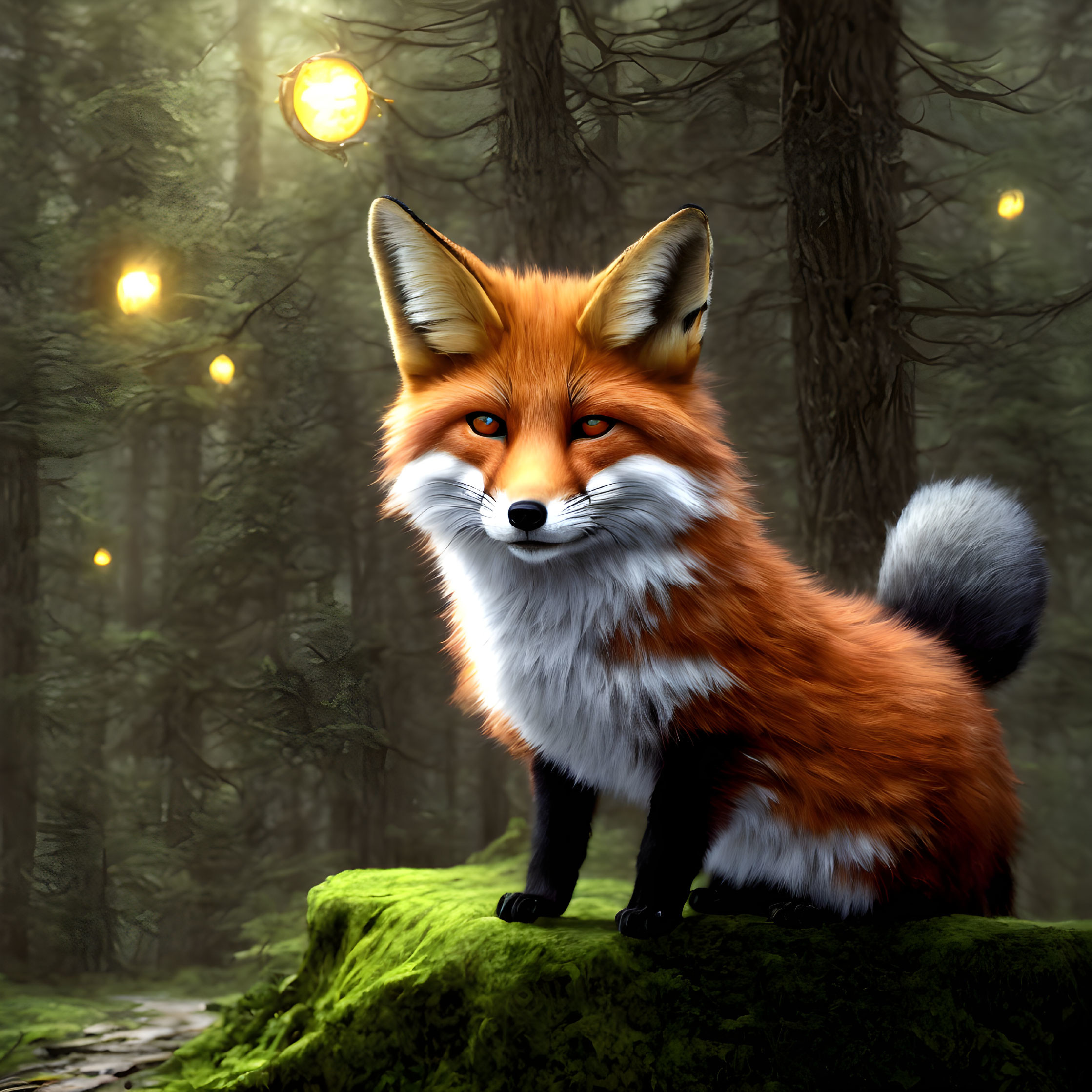 Vibrant orange fox on mossy rock in enchanted forest