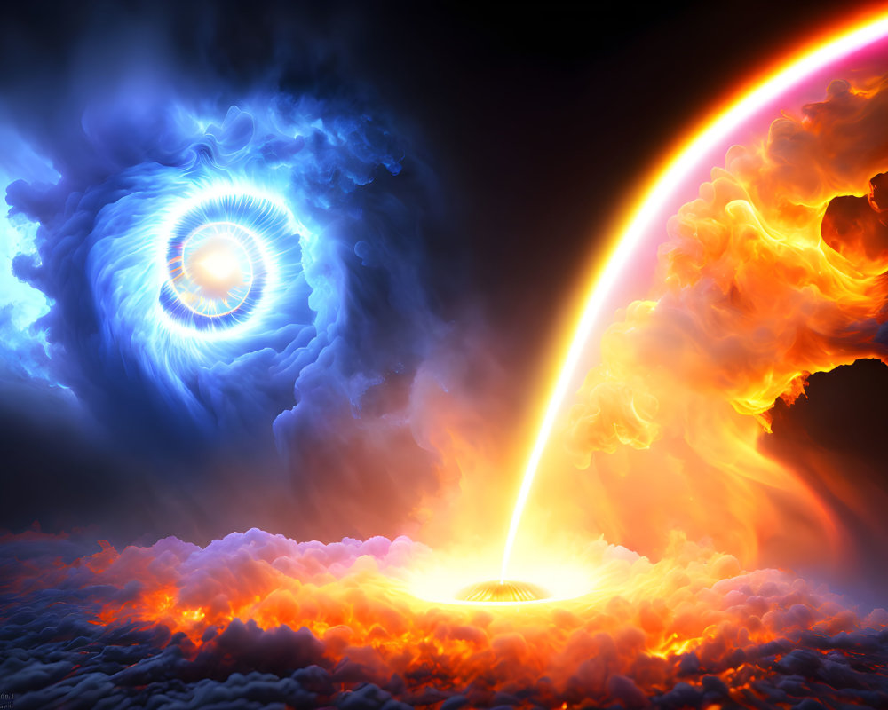 Colorful cosmic scene: orange beam collides with blue galaxy in vibrant space setting
