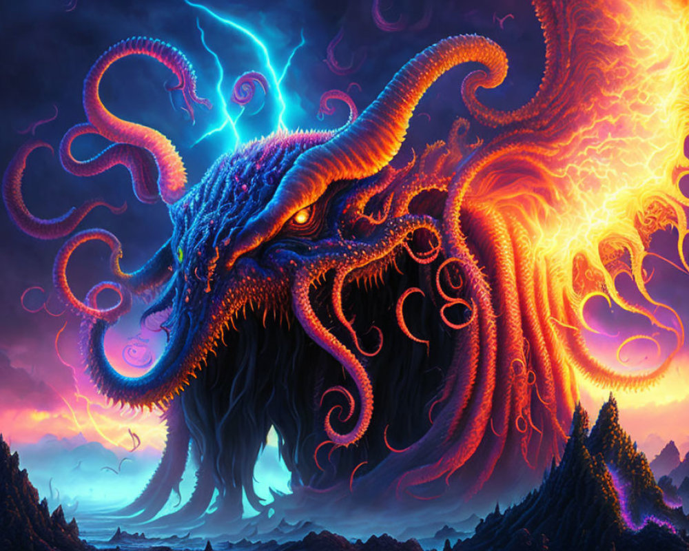Colorful digital artwork: Giant octopus creature with glowing tentacles in vibrant sky
