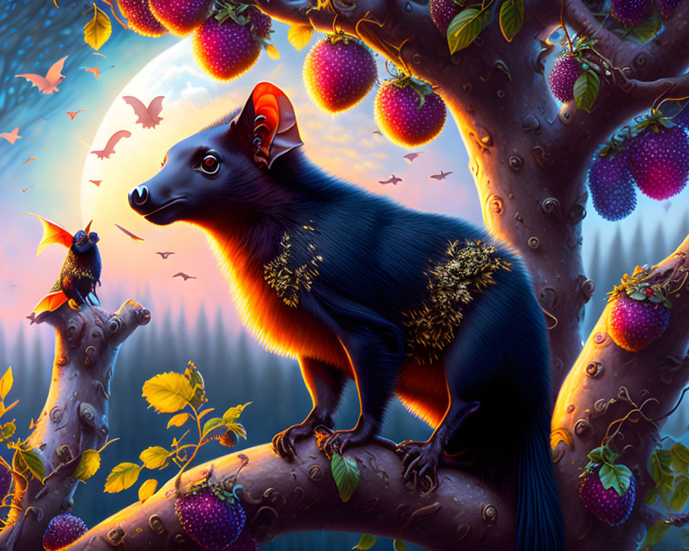 Vibrant raccoon-like creature with bird on fruit tree branch in enchanted forest at dusk
