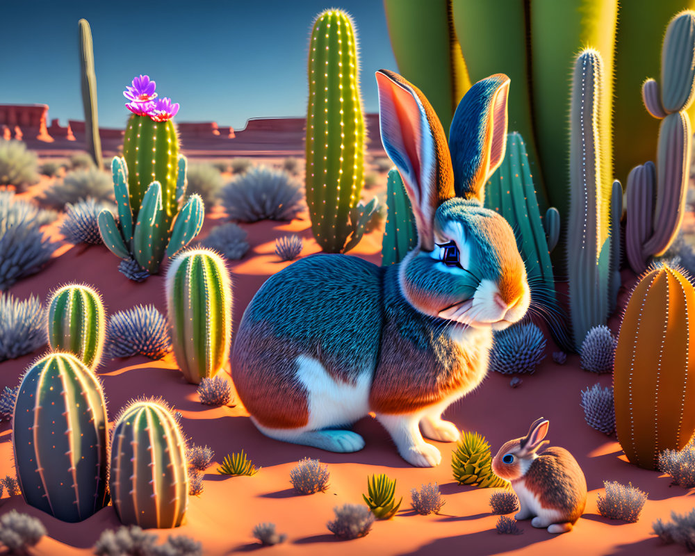 Colorful illustration of large and small rabbits in desert with cacti