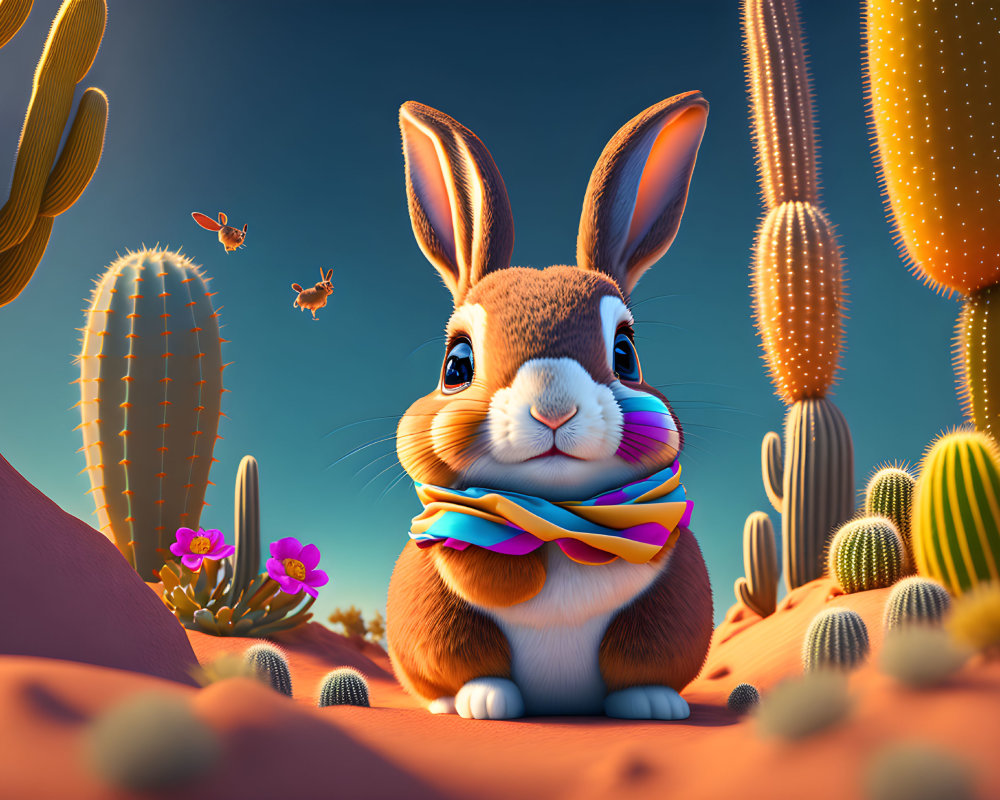 Illustration of cute rabbit in striped scarf with cacti and butterflies