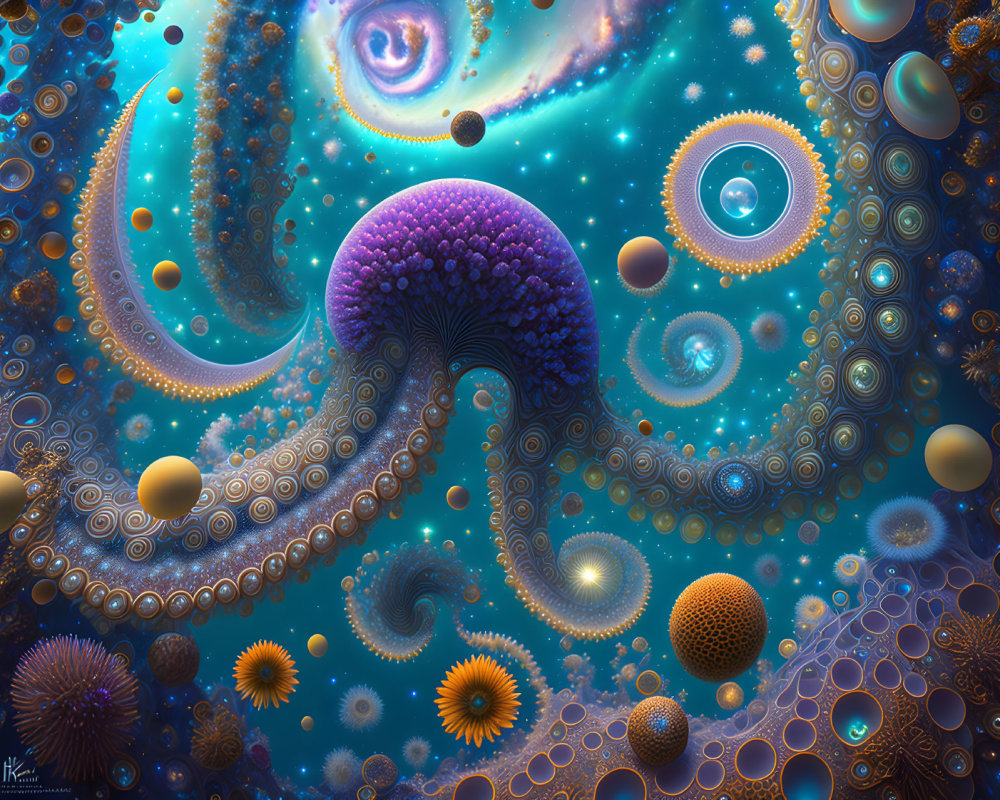 Colorful digital artwork of fractal landscape with swirling patterns in blue and orange.