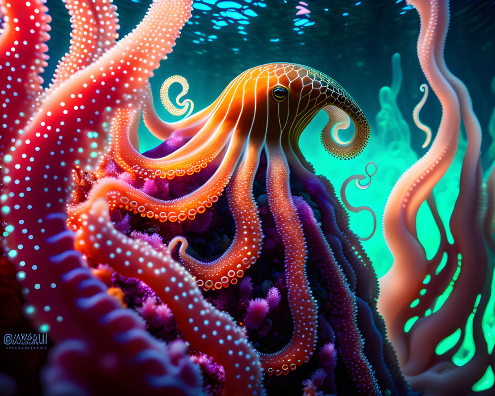 Vibrant Octopus Artwork with Detailed Patterns and Coral Structures
