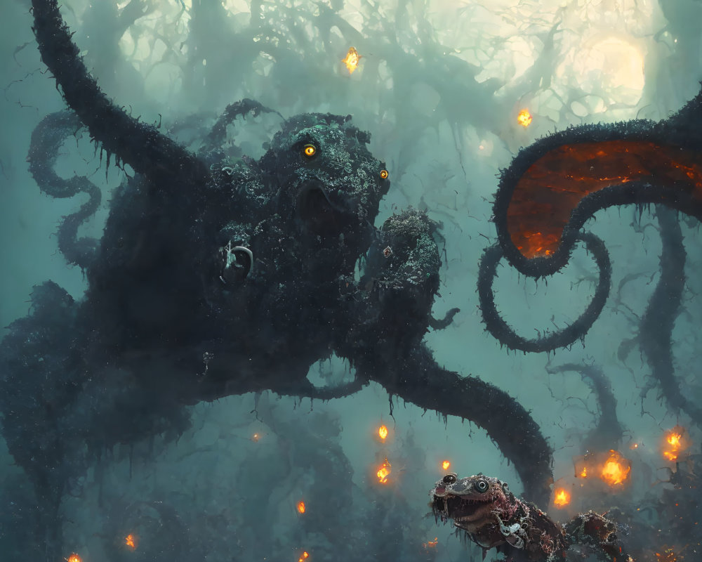 Dark octopus-like creature in eerie underwater scene with glowing orange orbs and twisting tentacles